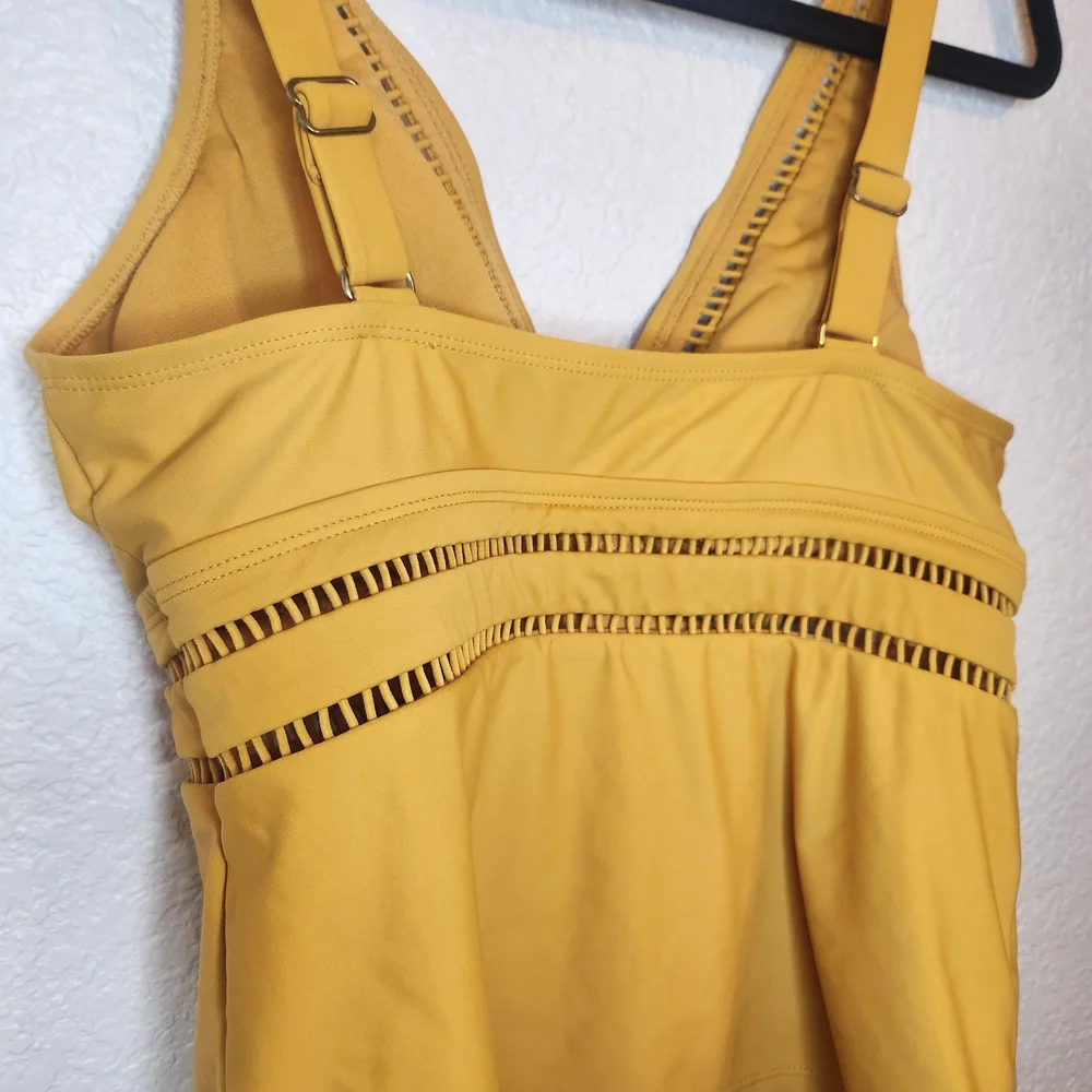 Time And Tru Womens Missy Tankini Swim Top Yellow Boho Travel Retro M 8 10